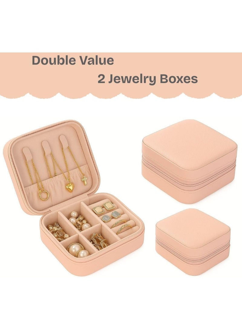 م اكس م صندوق مجوهرات جلدي، منظم حقيبة سفر محمول للخاتم، القلادة، القرط، القلادة، تخزين الأساور (عبوة من قطعتين - وردي، صغير) - Image 3