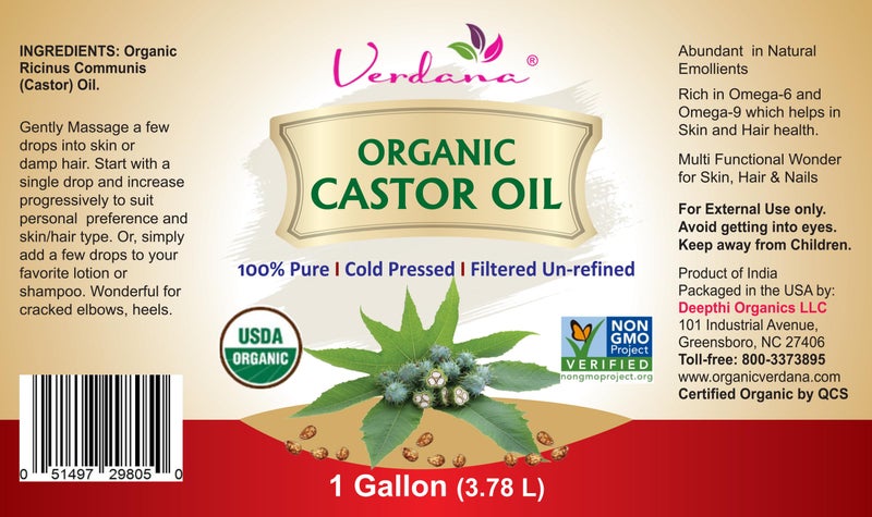 Verdana Organic Castor Oil 1 Gallon (128 fl oz) â€“ USDA Certified Organic, Cold Pressed, Hexane-Free â€“ For Hair, Eyelashes, Skin & Castor Oil Packs - Image 2
