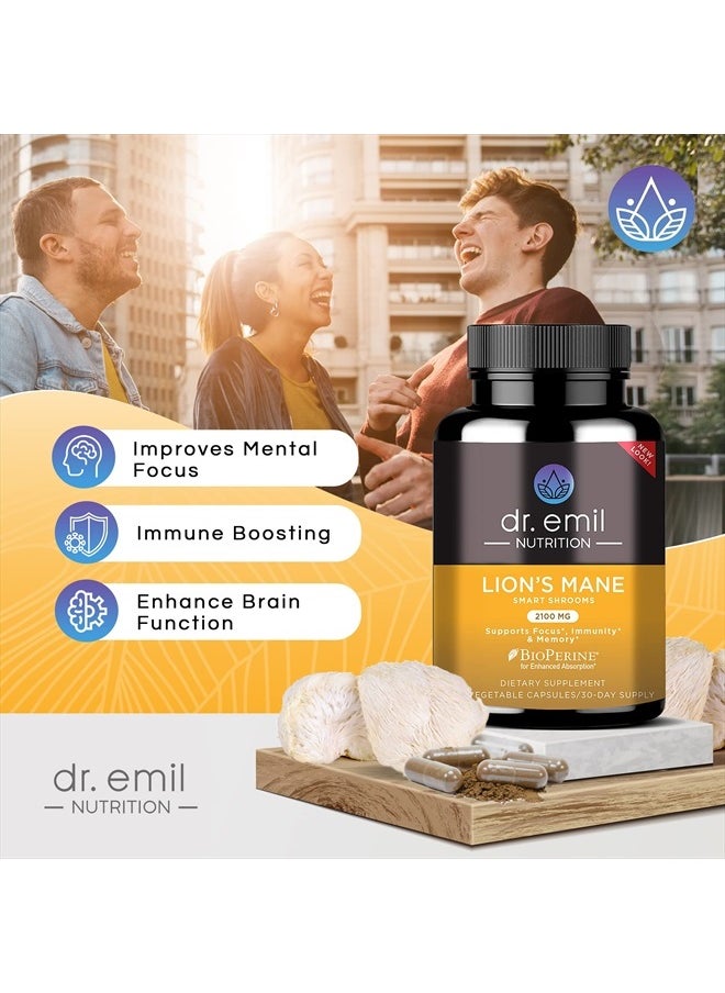 DR EMIL NUTRITION - مكمل غذائي عضوي من فطر عرف الأسد بتركيز 2100 ملجم لتحسين صفاء الذهن والتركيز والدعم الإدراكي - كبسولات فطر عرف الأسد المعززة للدماغ مع مستخلص فطر عرف الأسد العضوي بنسبة 100% - Image 1