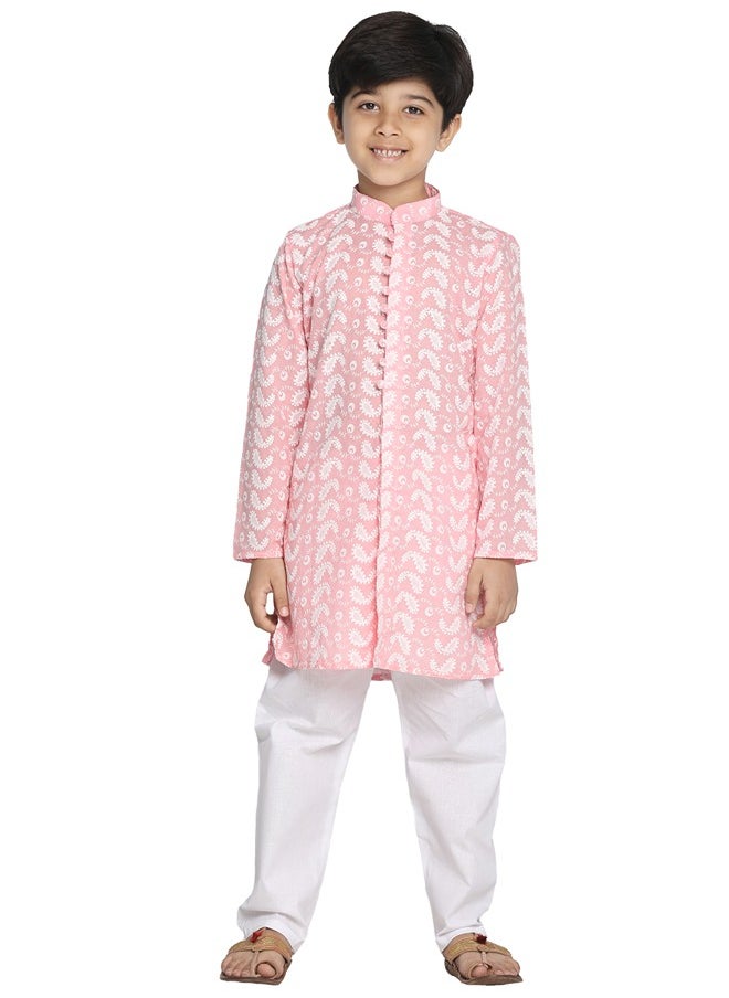PRASHA - Boys' Pink And White Kurta Pyjama Set - Image 1