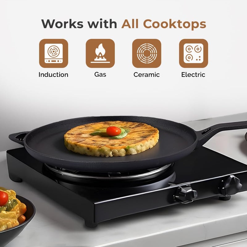 Home Essentials 28cm Cast Iron Dosa Tawa with Silicone Handle Cover | Pre-Seasoned & Naturally Non-Stick | 100% Pure Iron | No Chemical Coating | Induction & Gas Compatible | Ideal for Roti, Chila. - Image 5