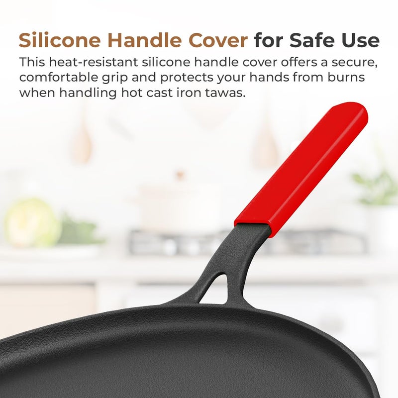 Home Essentials 28cm Cast Iron Dosa Tawa with Silicone Handle Cover | Pre-Seasoned & Naturally Non-Stick | 100% Pure Iron | No Chemical Coating | Induction & Gas Compatible | Ideal for Roti, Chila. - Image 4