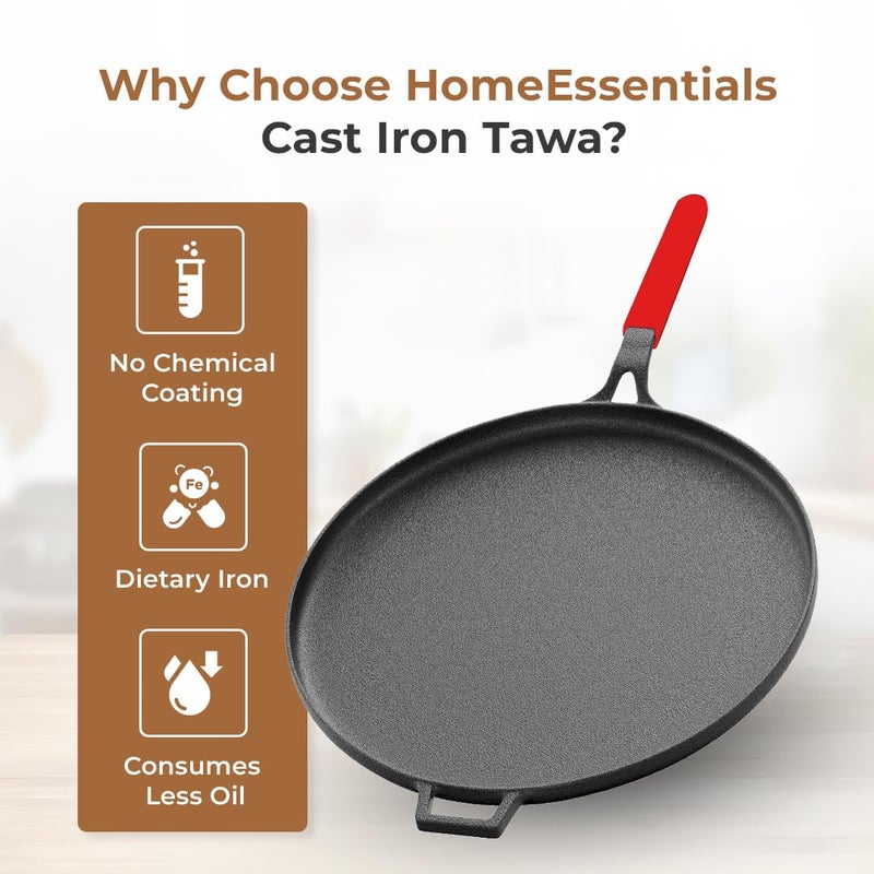 Home Essentials 28cm Cast Iron Dosa Tawa with Silicone Handle Cover | Pre-Seasoned & Naturally Non-Stick | 100% Pure Iron | No Chemical Coating | Induction & Gas Compatible | Ideal for Roti, Chila. - Image 3