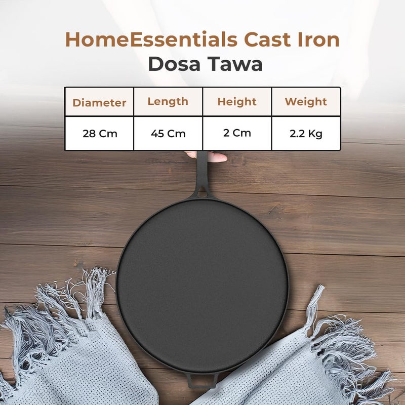 Home Essentials 28cm Cast Iron Dosa Tawa with Silicone Handle Cover | Pre-Seasoned & Naturally Non-Stick | 100% Pure Iron | No Chemical Coating | Induction & Gas Compatible | Ideal for Roti, Chila. - Image 2