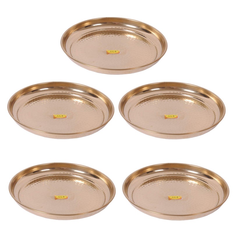 SHIV SHAKTI ARTS Handmade Pure Brass Plate Thali Dish Hammered Design Homeware Hotelware Dinnerware Serveware Diameter-29 cm ::Set of 5 - Image 1