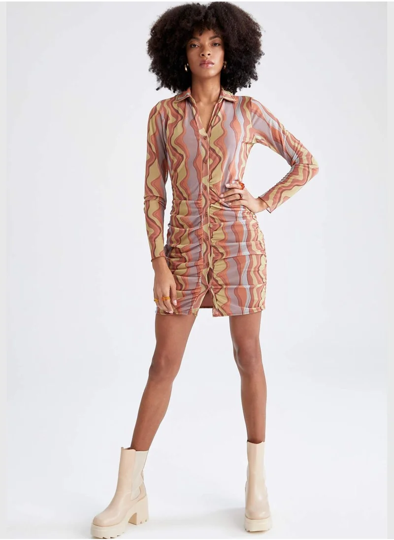 DeFacto V-Neck Long Sleeve Printed Mini Dress