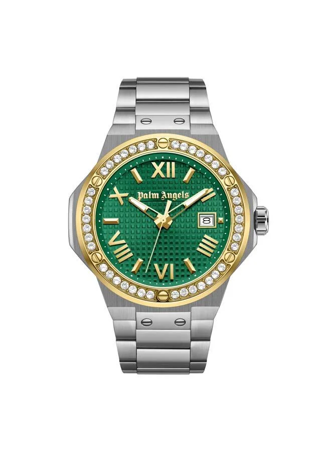 Palm Angels Stratos Green Dial Silver Stainless Steel Bracelet Analog Watch for Men, 44mm