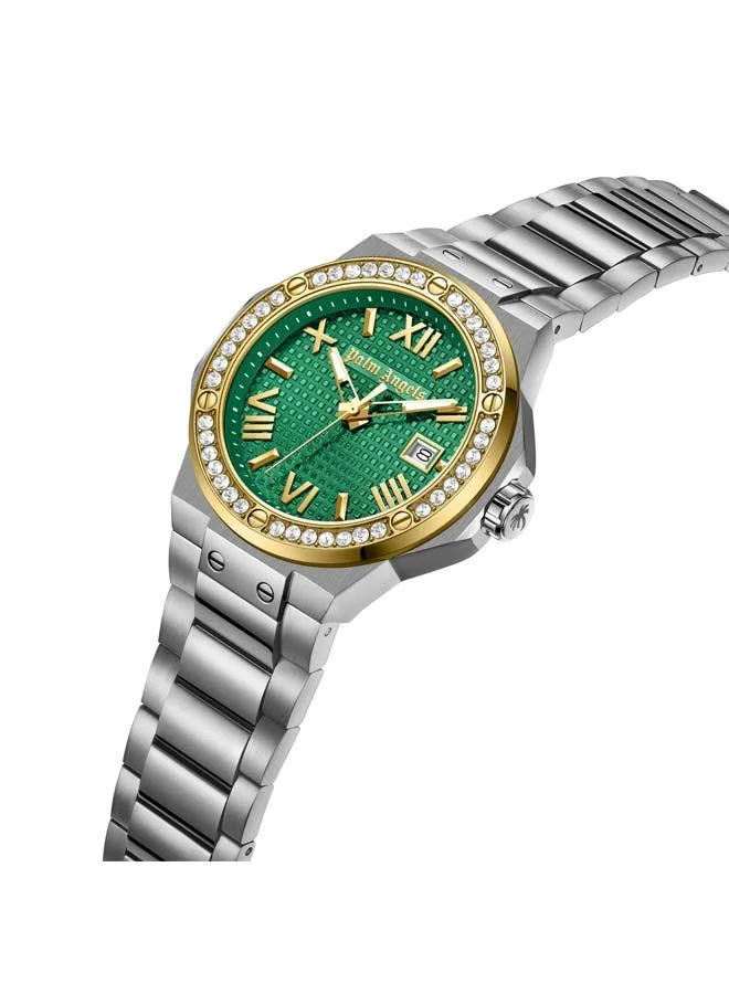 Palm Angels Stratos Green Dial Silver Stainless Steel Bracelet Analog Watch for Men, 44mm