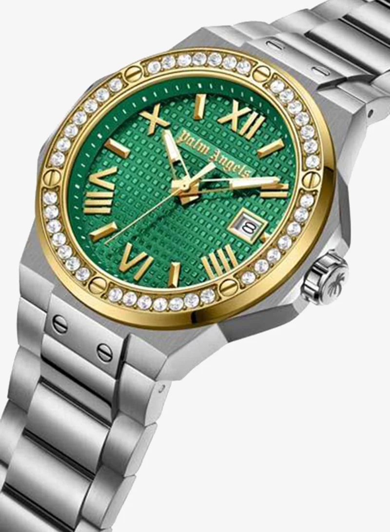 Palm Angels Stratos Green Dial Silver Stainless Steel Bracelet Analog Watch for Men, 44mm