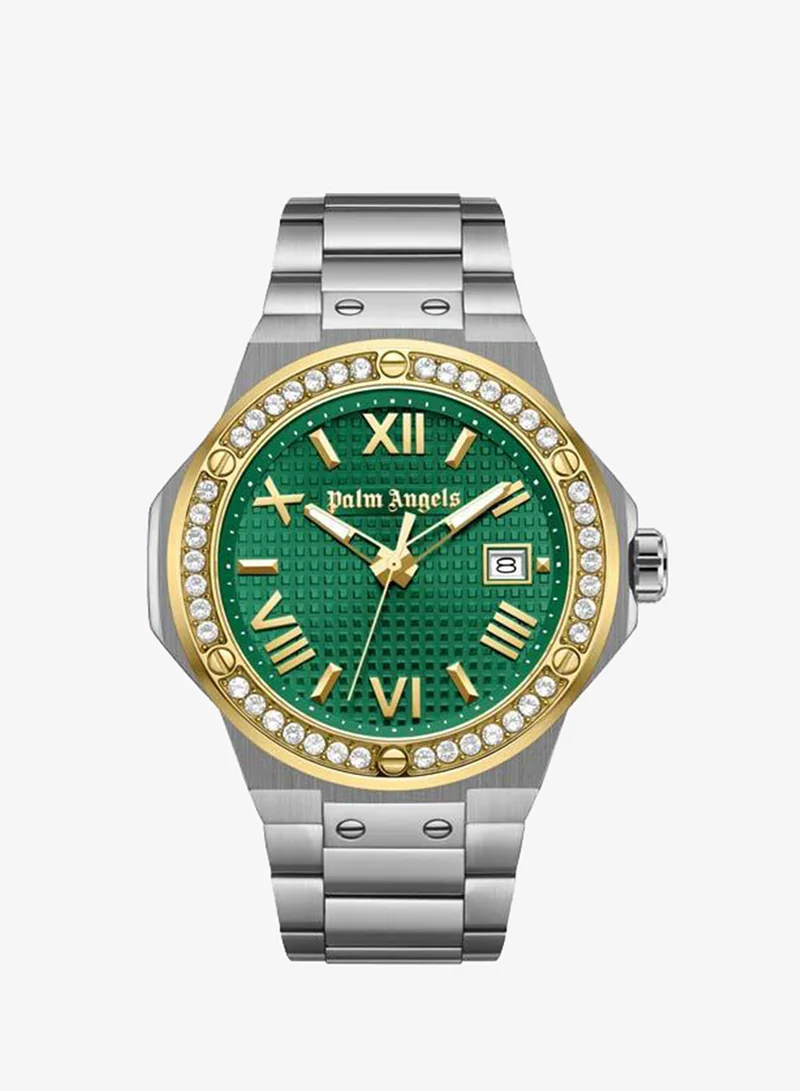 Palm Angels Stratos Green Dial Silver Stainless Steel Bracelet Analog Watch for Men, 44mm