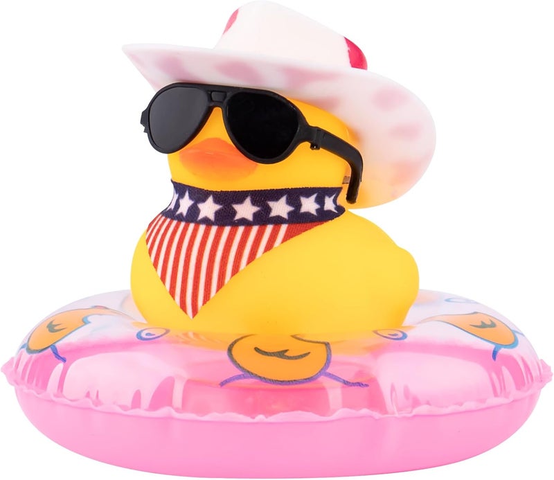 wonuu Car Rubber Duck Decoration, Cute Car Accessories West Cowboy Duck Car Dashboard Decoration with Mini Swim Ring Cowboy Hat Scarf and Sunglasses - Image 1