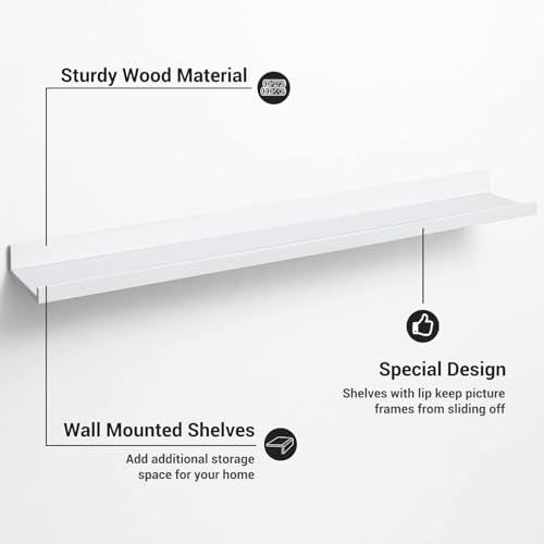 Streem Sheesham Wood Floating Shelves, Wall Shelves Set of 3, Picture Shelf Photo Ledge Shelves for Bathroom Kitchen and Bedroom,Livingroom & Office (47 inch, White) - Image 2