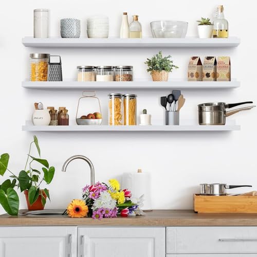 Streem Sheesham Wood Floating Shelves, Wall Shelves Set of 3, Picture Shelf Photo Ledge Shelves for Bathroom Kitchen and Bedroom,Livingroom & Office (47 inch, White) - Image 3