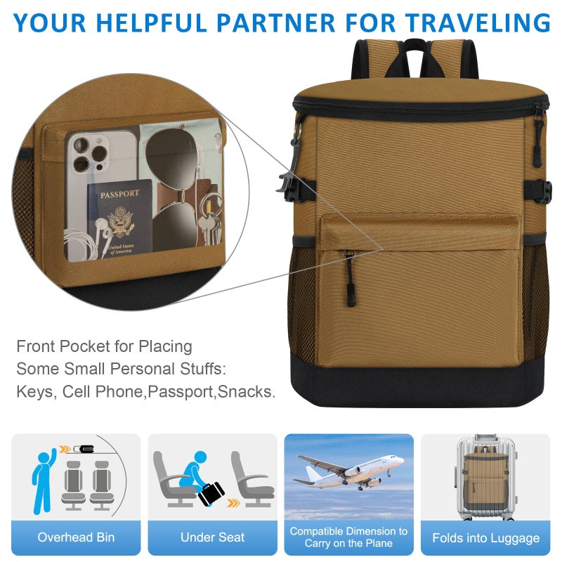 Tenot Cooler Backpack 33 Cans Backpack Coolers Insulated Leak Proof Soft Beach Cooler Bag for Men Women Ice Chest Backpack Camping Hiking Picnic Travel Cooler Lunch Backpack Brown - Image 5