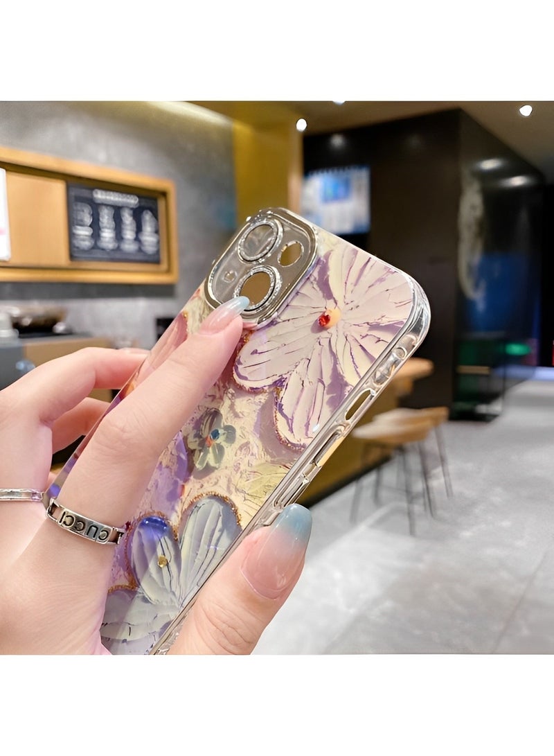 REOCLE Phone Case for iPhone 13 14 Colorful Retro Oil Painting Printed Flower Laser Beam Glossy Pattern Cute Curly Waves Border Exquisite Phone Cover Stylish Durable Protective Case for Girls - Image 3