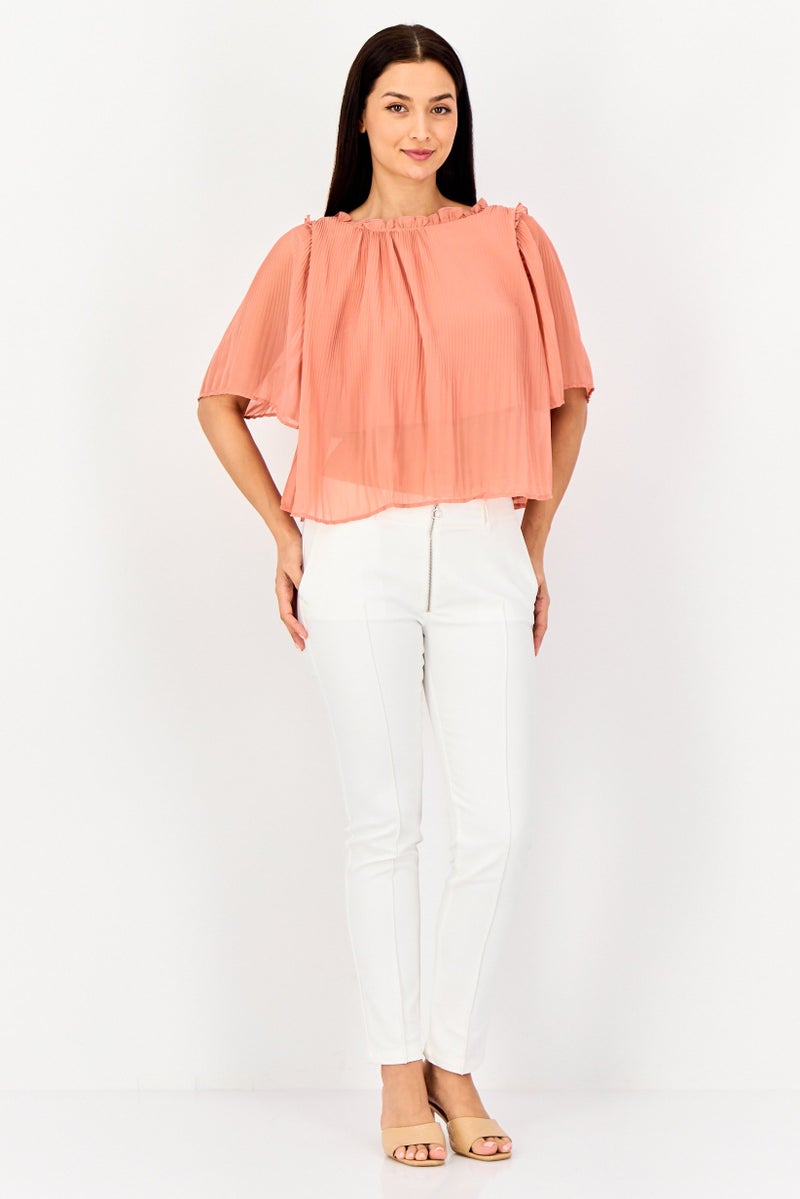 JDY Women Ruffle Neck Elbow Sleeve Textured Blouse, Old Rose Pink - Image 3