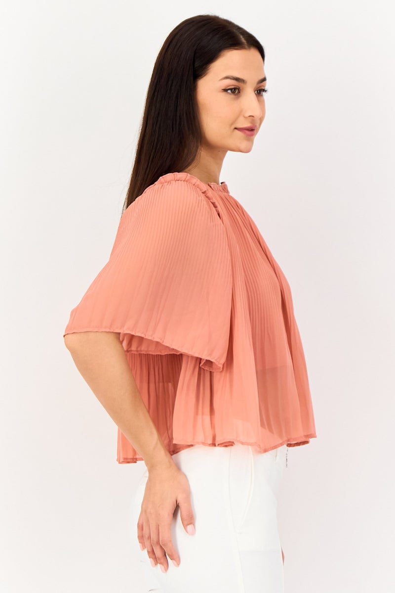 JDY Women Ruffle Neck Elbow Sleeve Textured Blouse, Old Rose Pink - Image 2