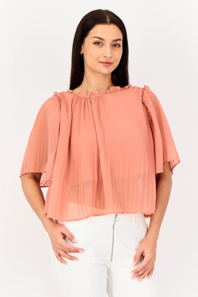 JDY Women Ruffle Neck Elbow Sleeve Textured Blouse, Old Rose Pink - Image 1