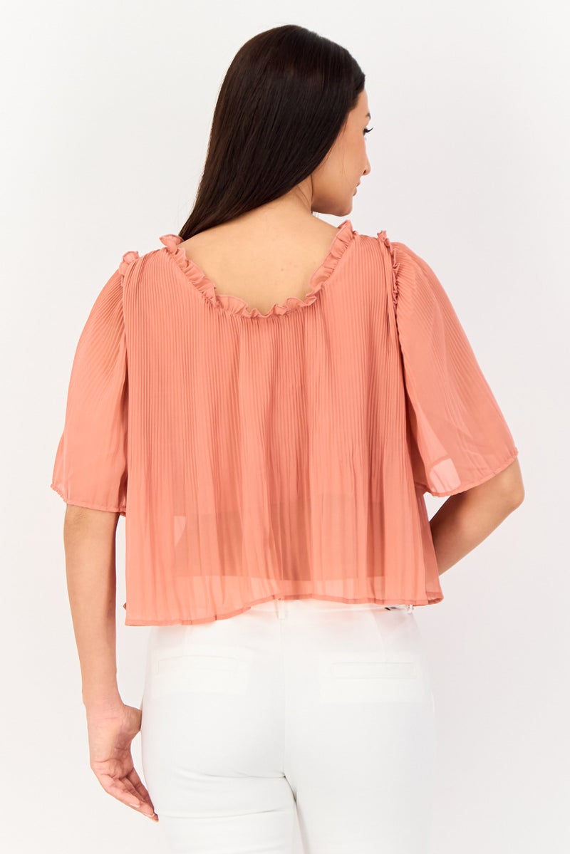 JDY Women Ruffle Neck Elbow Sleeve Textured Blouse, Old Rose Pink - Image 4