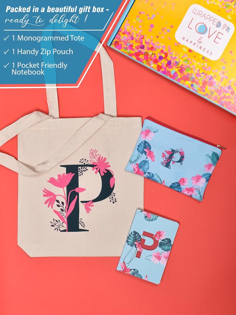 Doodle Monogram P Diary Gift Set with Tote Bag and Pouch | B6 Soft Bound Ruled Notebook | Stationery Gift Set for Women - Image 2