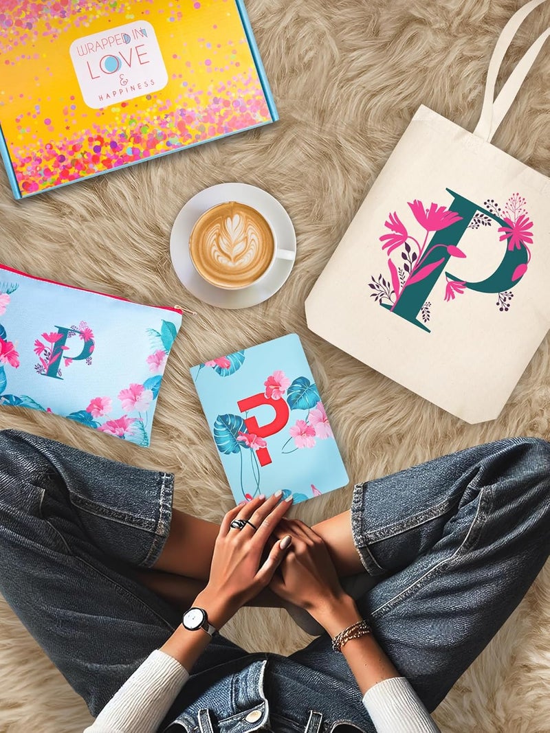 Doodle Monogram P Diary Gift Set with Tote Bag and Pouch | B6 Soft Bound Ruled Notebook | Stationery Gift Set for Women - Image 3