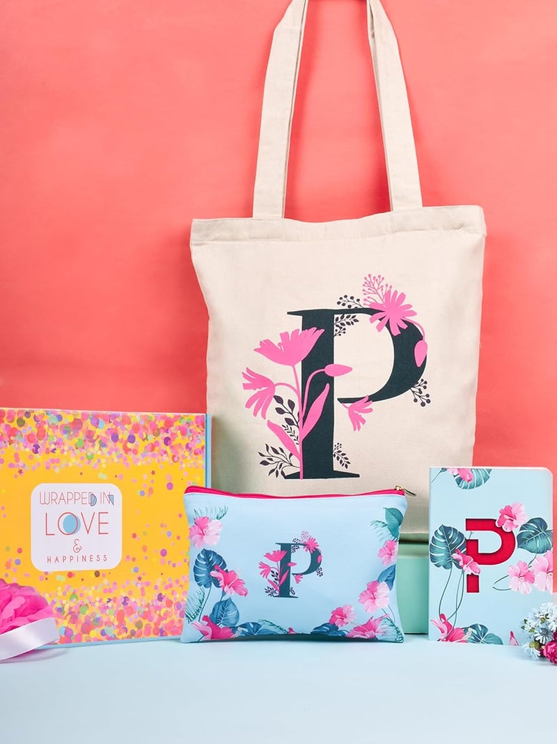 Doodle Monogram P Diary Gift Set with Tote Bag and Pouch | B6 Soft Bound Ruled Notebook | Stationery Gift Set for Women - Image 1
