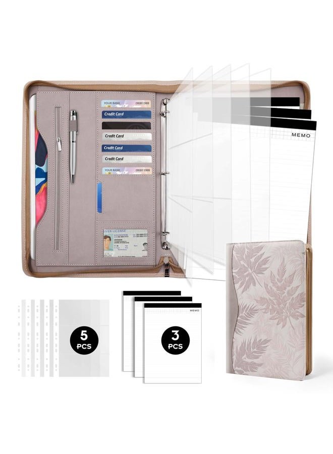 Sbrinnaliao Padfolio Portfolio Folder Binder-Organizer Planner Notebook Zippered Portfolio Padfolio for Women & Men with Document Sleeve,Letter/A4 Size Clipboard,Business Card Holders (Brown Leaf) - Image 1