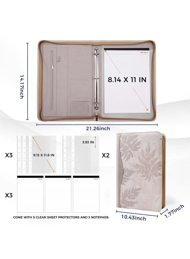 Sbrinnaliao Padfolio Portfolio Folder Binder-Organizer Planner Notebook Zippered Portfolio Padfolio for Women & Men with Document Sleeve,Letter/A4 Size Clipboard,Business Card Holders (Brown Leaf) - Image 4
