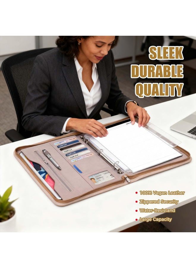Sbrinnaliao Padfolio Portfolio Folder Binder-Organizer Planner Notebook Zippered Portfolio Padfolio for Women & Men with Document Sleeve,Letter/A4 Size Clipboard,Business Card Holders (Brown Leaf) - Image 5