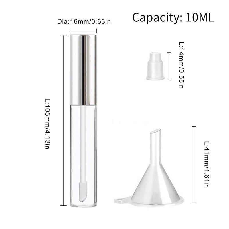 GTHER 10PCS 10ML Empty Lip Gloss Containers Tube with Wand, Refillable Lip Balm Bottles, Lipstick Sample Container and Funnel and Rubber Stoppers for Girls DIY Lip Samples, Silver Top - Image 3