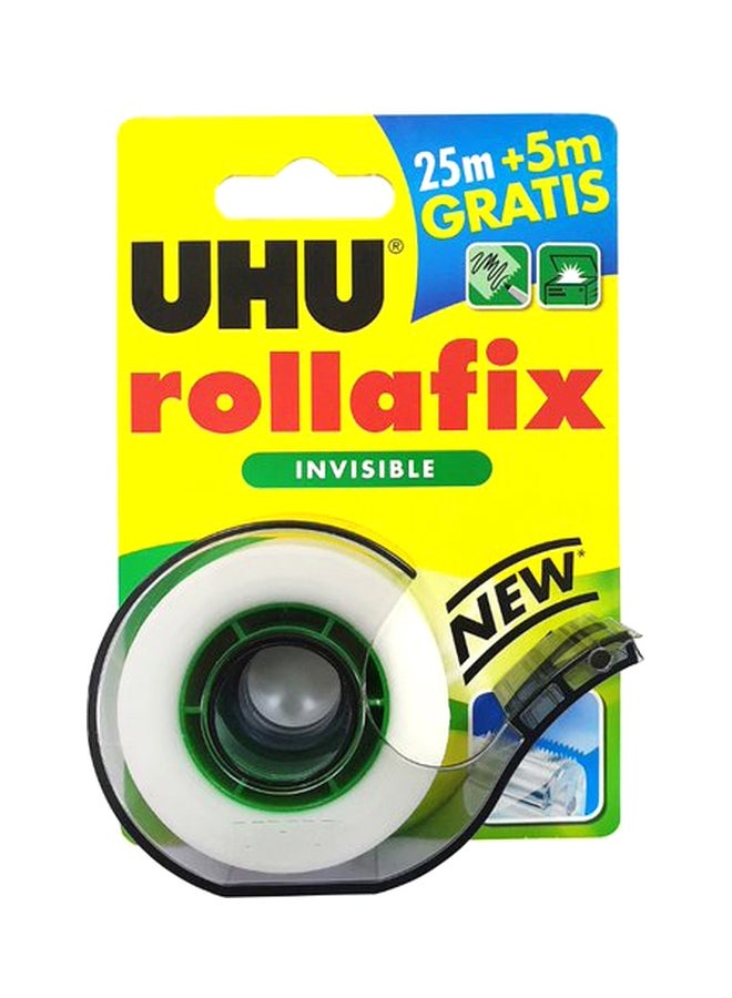 UHU Rollafix Invisible Stationery Adhesive Tape, No Noise, Silent Operation Dispenser With Refill, 25 M (+ 5M Free) X 19 Mm, Invisible  - Image 1