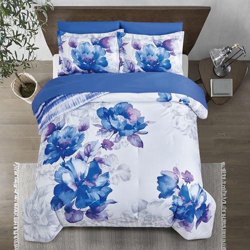 Sunshine Nicole Soft Brushed Microfiber Comforter Set, 7 Pieces Queen, with Light Weight Soft Poly Fill, Printed Dark Blue Grey Big Florals Face with Print Reverse - Image 2