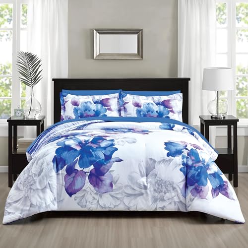 Sunshine Nicole Soft Brushed Microfiber Comforter Set, 7 Pieces Queen, with Light Weight Soft Poly Fill, Printed Dark Blue Grey Big Florals Face with Print Reverse - Image 1