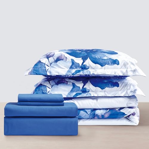 Sunshine Nicole Soft Brushed Microfiber Comforter Set, 7 Pieces Queen, with Light Weight Soft Poly Fill, Printed Dark Blue Grey Big Florals Face with Print Reverse - Image 4