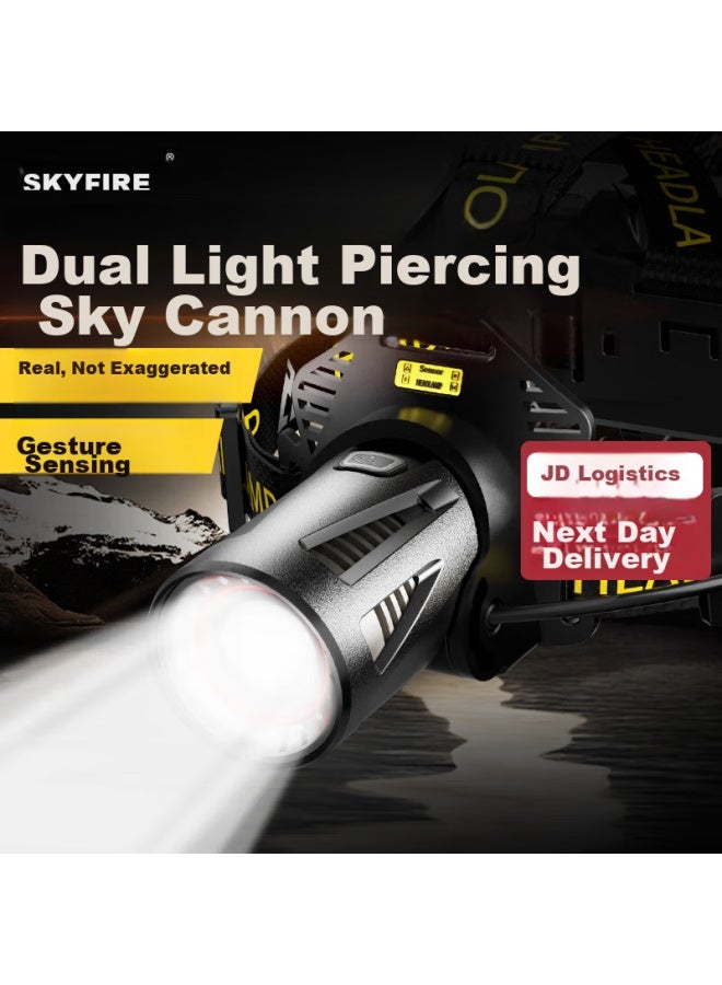Skyfire Headlamp, Yellow And White Dual Light, Ultra-long Battery Life, Laser Cannon Sensing Light, Outdoor Fishing Head-mounted Lithium Battery, High Brightness - Image 1
