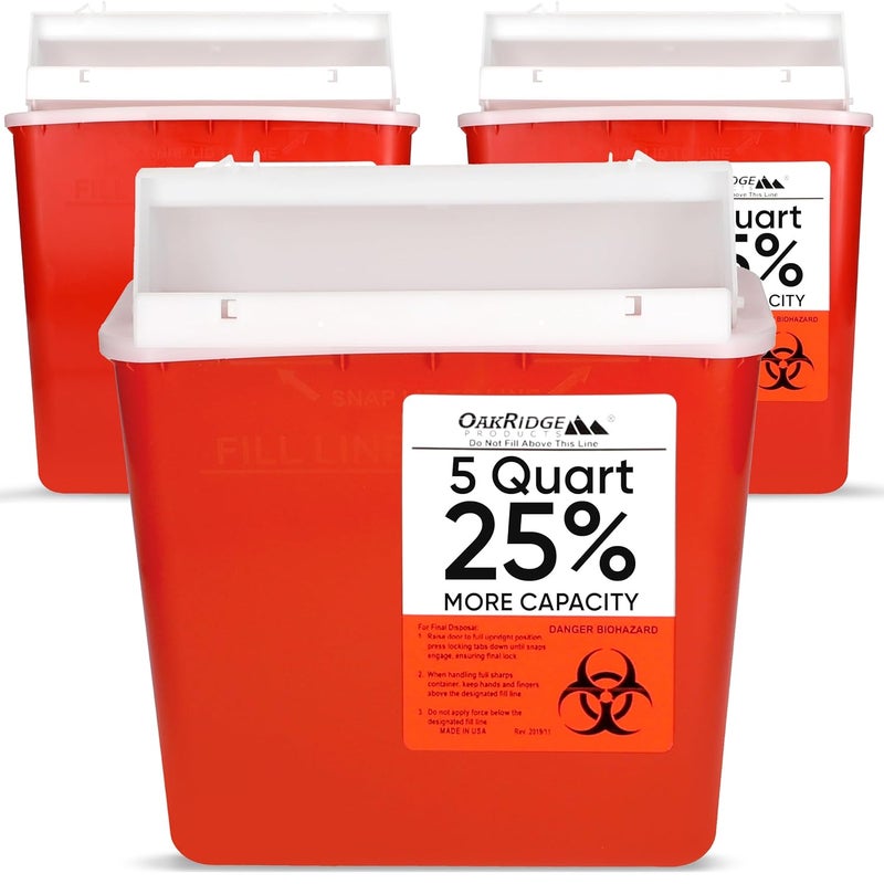 Oakridge Products Sharps Container for Home Use and Professional 5 Quart 3Pack Biohazard Needle and Syringe Disposal Mailbox Style Lid CDC Certified - Image 1