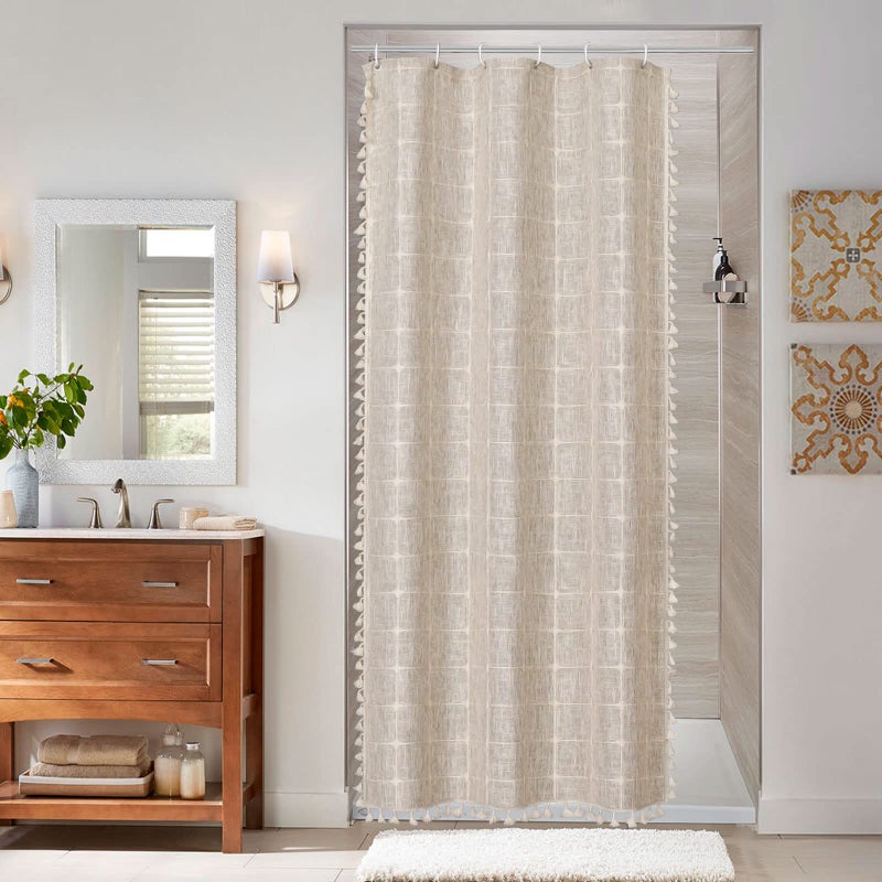MitoVilla Boho Small Stall Shower Curtain 36 x 72  Tan Brown Half Size Narrow Cotton Linen Tassel Cloth Fabric Shower Curtains for Chic Modern Farmhouse Country Bathroom Decor