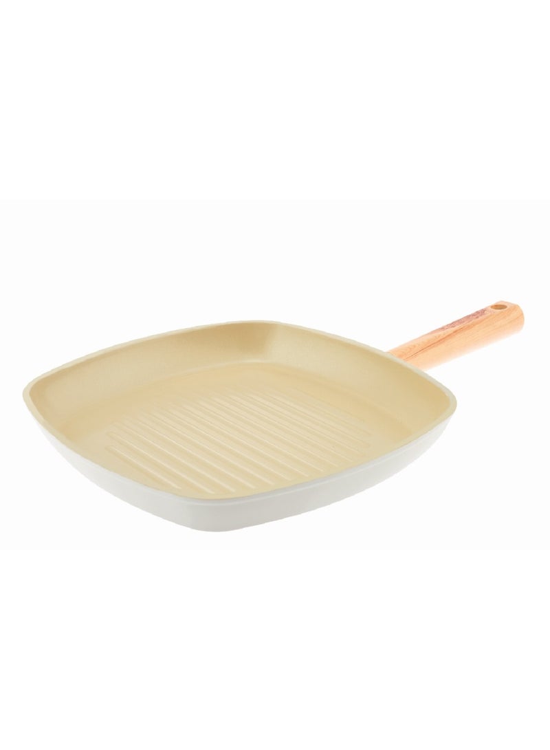 Homemaker Swiss Crystal High Quality Ceramic Coating Non-Stick Grill Pan - 28cm - Natural Wood Handle - Beige - Image 2