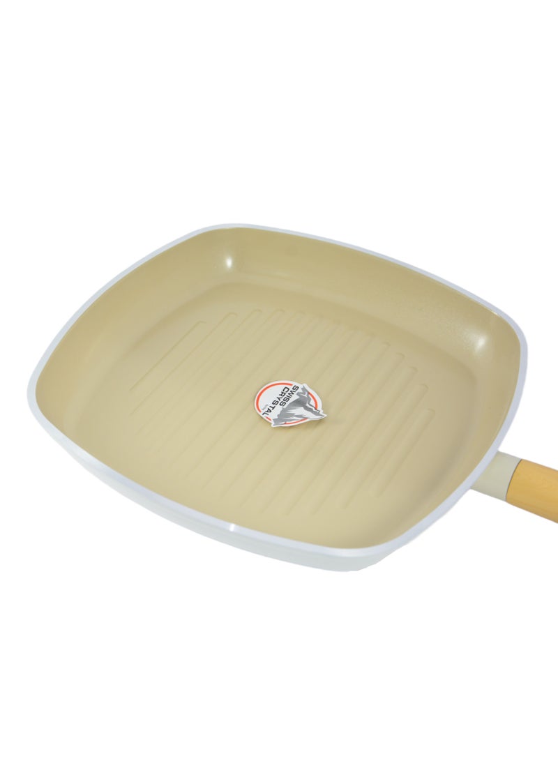 Homemaker Swiss Crystal High Quality Ceramic Coating Non-Stick Grill Pan - 28cm - Natural Wood Handle - Beige - Image 4