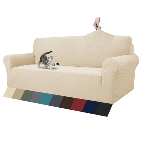 ZNSAYOTX 1 Piece Jacquard Couch Covers for 3 Cushion Couch Living Room High Stretch Sofa Cover Pets Dogs Friendly Anti Slip Thickened Slipcovers Furniture Protector Sofa Light Biege