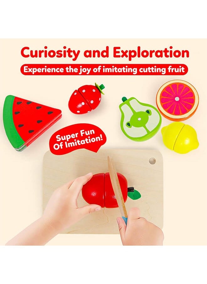 Aurlar Montessori Wooden Fruit Cutting Toy Set for Kids – Magnetic Pretend Food Play Basket with Knife – Safe Kitchen Simulation Toy for Toddlers  - Image 3
