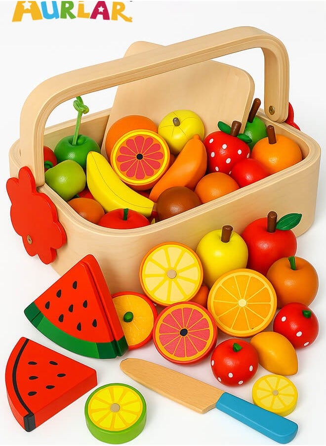 Aurlar Montessori Wooden Fruit Cutting Toy Set for Kids – Magnetic Pretend Food Play Basket with Knife – Safe Kitchen Simulation Toy for Toddlers  - Image 1
