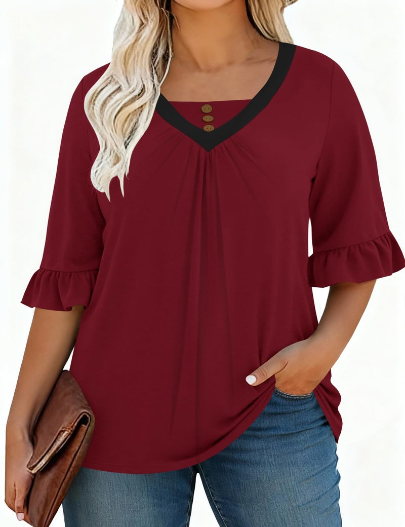 TFSDOD Plus Size Summer Clothes for Women 3/4 Ruffle Length Sleeve T Shirts V Neck 2026 Trendy Tops Red 3XL - Image 2