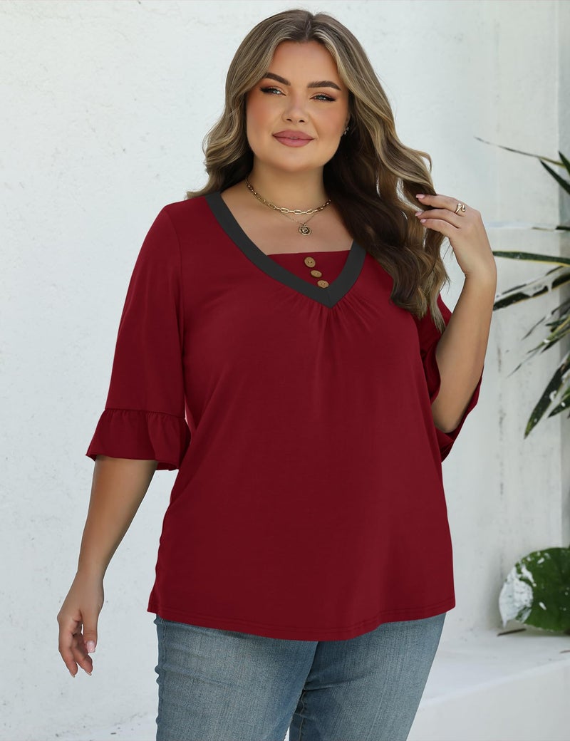 TFSDOD Plus Size Summer Clothes for Women 3/4 Ruffle Length Sleeve T Shirts V Neck 2026 Trendy Tops Red 3XL - Image 4
