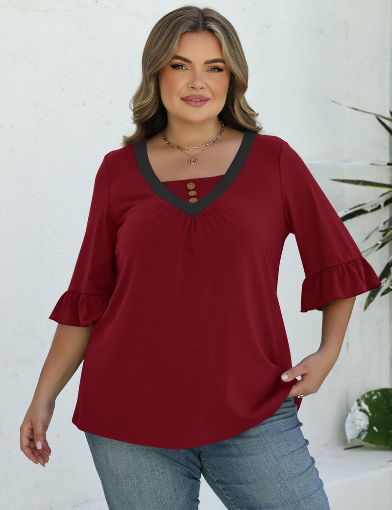TFSDOD Plus Size Summer Clothes for Women 3/4 Ruffle Length Sleeve T Shirts V Neck 2026 Trendy Tops Red 3XL - Image 5