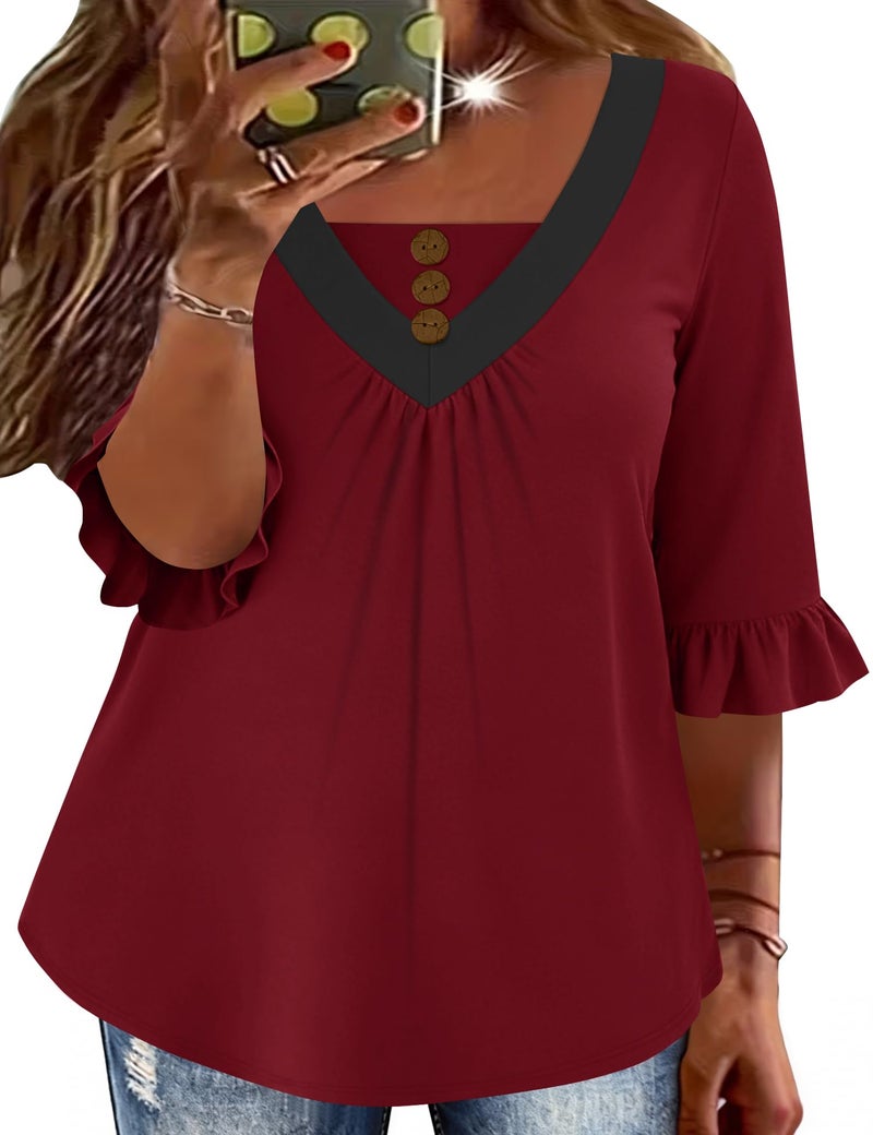 TFSDOD Plus Size Summer Clothes for Women 3/4 Ruffle Length Sleeve T Shirts V Neck 2026 Trendy Tops Red 3XL - Image 1
