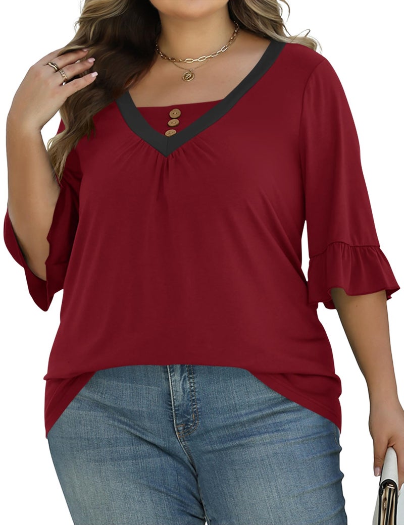 TFSDOD Plus Size Summer Clothes for Women 3/4 Ruffle Length Sleeve T Shirts V Neck 2026 Trendy Tops Red 3XL - Image 3