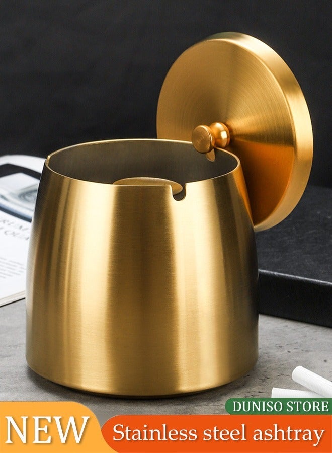 DUNISO Stainless Steel Ashtray, Portable Anti Drop Ashtray, Windproof And Anti Odor Ashtray, With Lid，Suitable For Terraces, Homes, Offices, Living Rooms, Outdoor, 6.5 * 9.7 * 8cm, Gold - Image 1