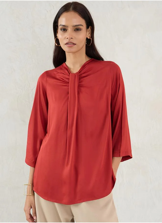 Femmella Solid Pleated Detail 3/4 Sleeve Top by Styli