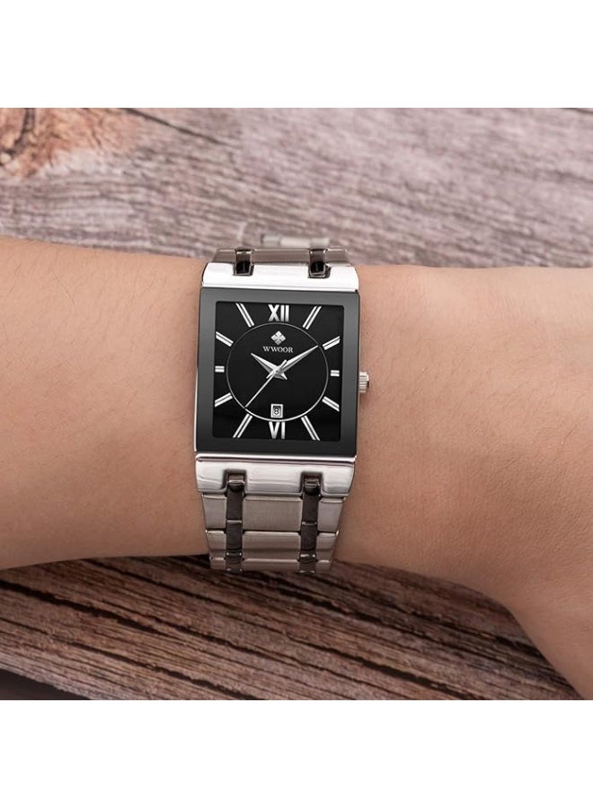 WWOOR Square Watches for Men Stainless Steel Mens Square Watch with Date Original Waterproof Analog Quartz Fashion Business Casual Wristwatch - Image 3